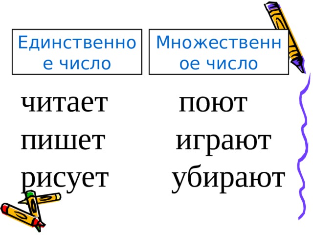 читает поют пишет играют рисует убирают Единственное число Множественное число 