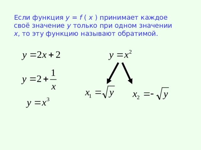 Если функция у = f  (  х ) принимает каждое своё значение у только при одном значении х , то эту функцию называют обратимой. 