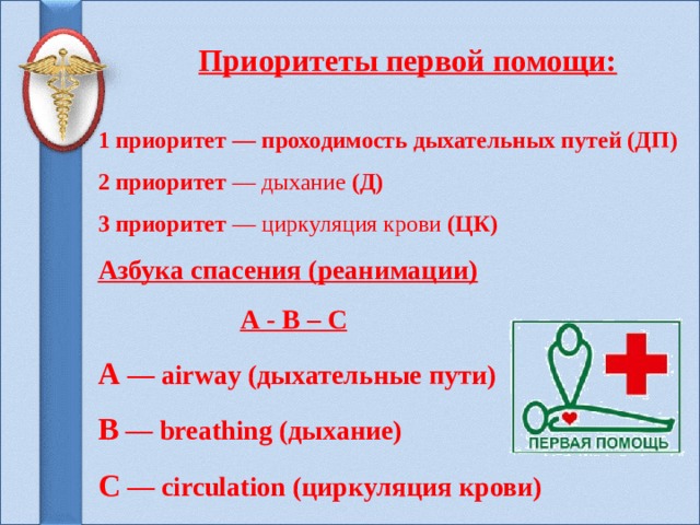    Приоритеты первой помощи:  1 приоритет — проходимость дыхательных путей (ДП) 2 приоритет  — дыхание  (Д) 3 приоритет  — циркуляция крови  (ЦК) Азбука спасения (реанимации)  А - В – С А  — airway (дыхательные пути) В  — breathing (дыхание) С  — circulation (циркуляция крови)     