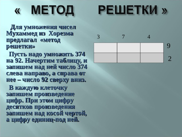 Для умножения чисел Мухаммед из Хорезма предлагал «метод решетки» Пусть надо умножить 374 на 92. Начертим таблицу, и запишем над ней число 374 слева направо, а справа от нее – число 92 сверху вниз. В каждую клеточку запишем произведение цифр. При этом цифру десятков произведения запишем над косой чертой, а цифру единиц-под ней. 3 7 4 9 2 