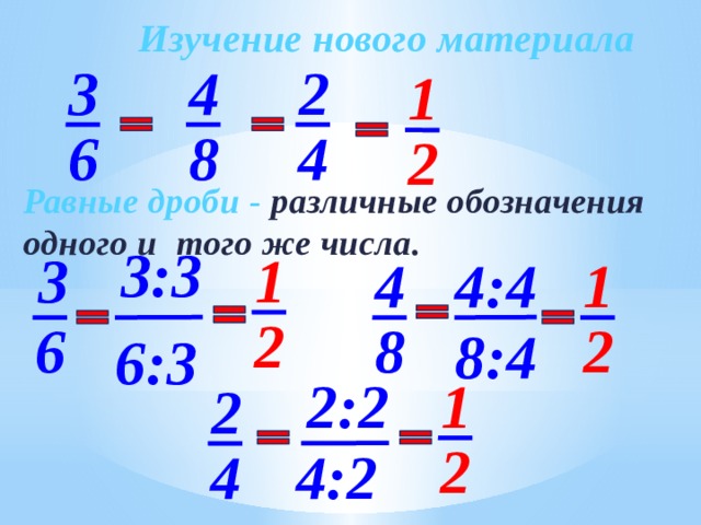 Изучение нового материала 2 4 3 1 8 4 6 2 Равные дроби - различные обозначения одного и того же числа. 3:3 3 1 4 4:4 1 2 2 8 6 8:4 6:3 2:2 1 2 2 4 4:2 