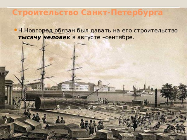 Строительство Санкт-Петербурга Н.Новгород обязан был давать на его строительство тысячу человек в августе –сентябре. 