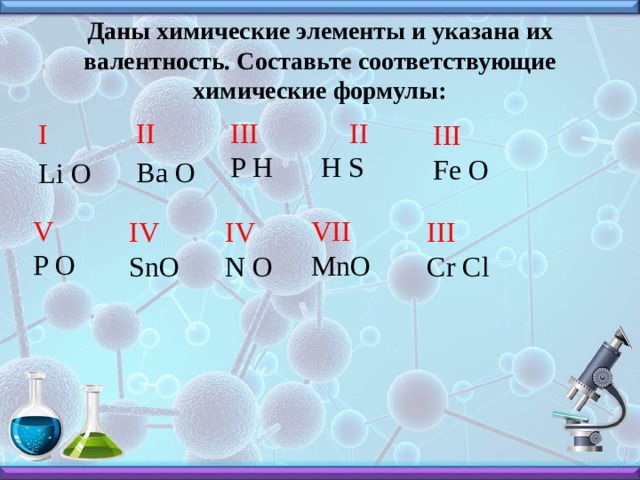 Даны химические элементы и указана их валентность. Составьте соответствующие химические формулы: II  Ba O III  P H     II  H S I  Li O    III  Fe O V  P O VII  MnO IV  SnO IV  N O III    Cr Cl 
