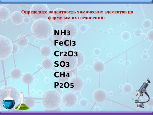  Определите валентность химических элементов по формулам их соединений:   NH 3  FeCl 3  Cr 2 O 3  SO 3  CH 4  P 2 O 5  