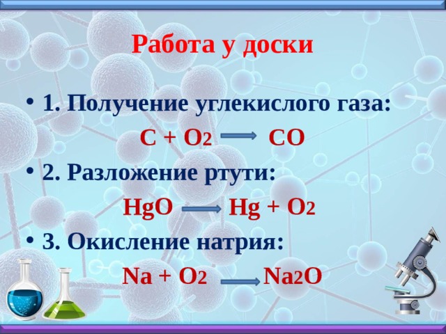 Работа у доски 1. Получение углекислого газа: С + О 2 СО 2. Разложение ртути: HgO Hg + O 2  3. Окисление натрия: Na + O 2 Na 2 O 