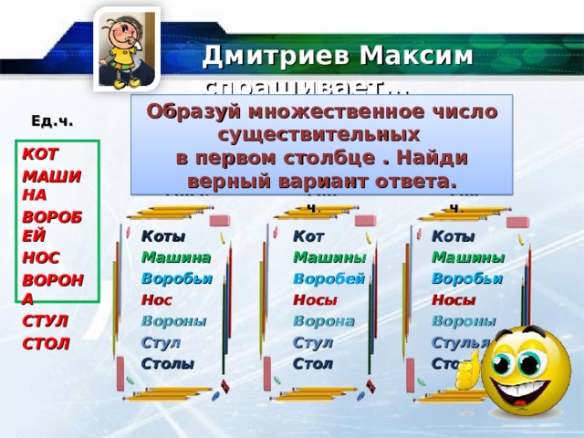 Дмитриев Максим спрашивает… Образуй множественное число существительных в первом столбце . Найди верный вариант ответа. Ед.ч. КОТ МАШИНА ВОРОБЕЙ НОС ВОРОНА СТУЛ СТОЛ Мн.ч . Мн.ч . Мн.ч . Коты Коты Кот Машины Машина Машины Воробьи Воробей Воробьи Нос Носы Носы Ворона Вороны Вороны Стулья Стул Стул Столы Стол Столы 9 