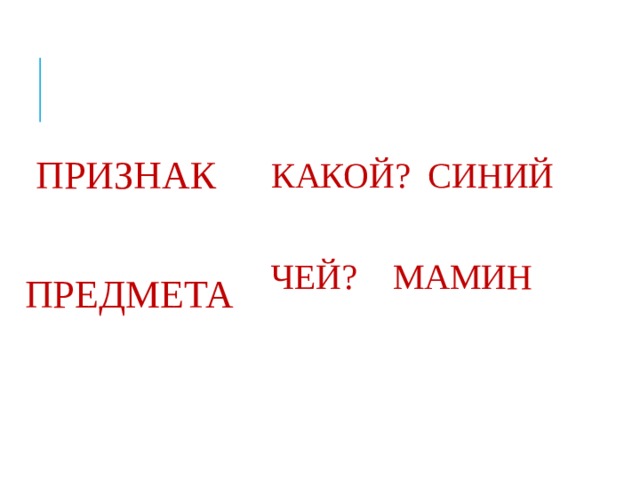  ПРИЗНАК ПРЕДМЕТА   КАКОЙ? СИНИЙ ЧЕЙ? МАМИН 