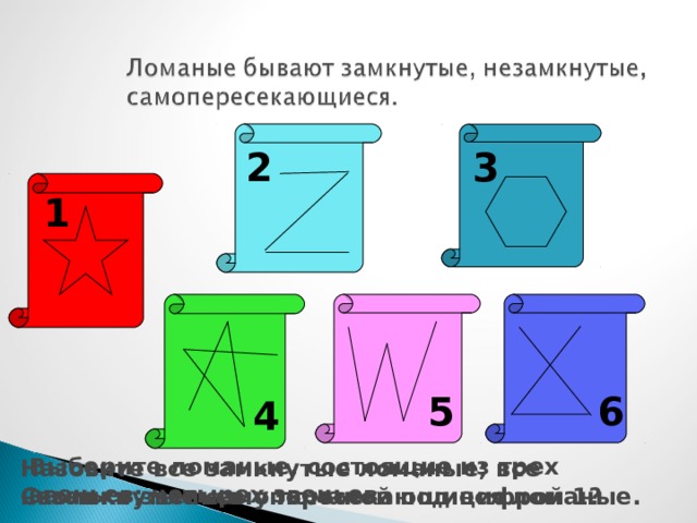 2 3 1 6 5 4 Выберите ломаные, состоящие из трех звеньев; четырех звеньев. Назовите все замкнутые ломаные; все незамкнутые самопересекающиеся ломаные. Сколько звеньев у ломаной под цифрой 1? 