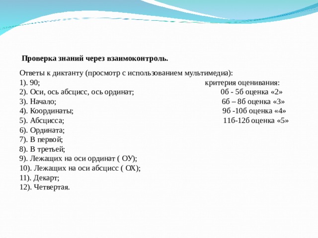    Проверка знаний через взаимоконтроль.   Ответы к диктанту (просмотр с использованием мультимедиа): 1). 90; критерия оценивания: 2). Оси, ось абсцисс, ось ординат; 0б - 5б оценка «2» 3). Начало; 6б – 8б оценка «3» 4). Координаты; 9б -10б оценка «4» 5). Абсцисса; 11б-12б оценка «5» 6). Ордината; 7). В первой; 8). В третьей; 9). Лежащих на оси ординат ( ОУ); 10). Лежащих на оси абсцисс ( ОХ); 11). Декарт; 12). Четвертая.   