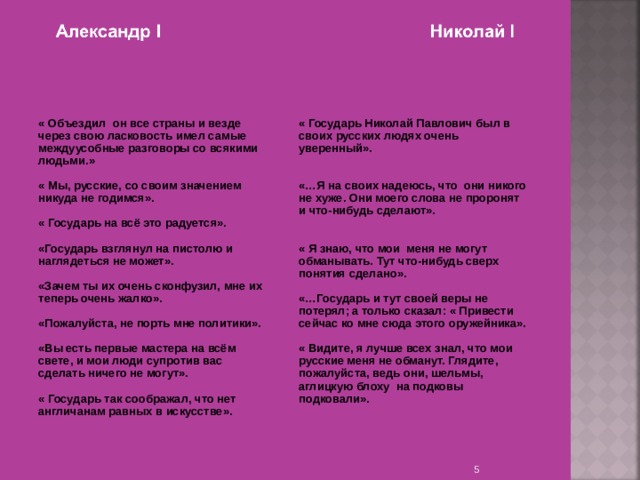 « Объездил он все страны и везде через свою ласковость имел самые междуусобные разговоры со всякими людьми.»  « Мы, русские, со своим значением никуда не годимся».  « Государь на всё это радуется».  «Государь взглянул на пистолю и наглядеться не может».  «Зачем ты их очень сконфузил, мне их теперь очень жалко».  «Пожалуйста, не порть мне политики».  «Вы есть первые мастера на всём свете, и мои люди супротив вас сделать ничего не могут».  « Государь так соображал, что нет англичанам равных в искусстве». « Государь Николай Павлович был в своих русских людях очень уверенный».   «…Я на своих надеюсь, что они никого не хуже. Они моего слова не проронят и что-нибудь сделают».   « Я знаю, что мои меня не могут обманывать. Тут что-нибудь сверх понятия сделано».  «…Государь и тут своей веры не потерял; а только сказал: « Привести сейчас ко мне сюда этого оружейника».  « Видите, я лучше всех знал, что мои русские меня не обманут. Глядите, пожалуйста, ведь они, шельмы, аглицкую блоху на подковы подковали».    
