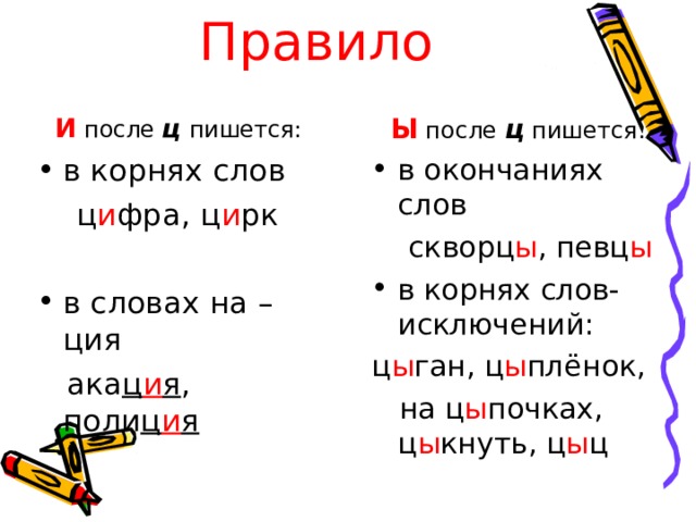 Ц в корне слова. Звук ы после ц. Звук ы после звука ц. Правило звук ы после звука ц. После ц пишется и правило.