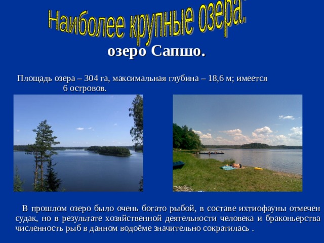  озеро Сапшо.   Площадь озера – 304 га, максимальная глубина – 18,6 м; имеется 6 островов.  В прошлом озеро было очень богато рыбой, в составе ихтиофауны отмечен судак, но в результате хозяйственной деятельности человека и браконьерства численность рыб в данном водоёме значительно сократилась . 