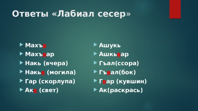 Ответы «Лабиал сесер » Махъ в Махъ в ар Накь (вчера) Накь в (могила) Гар (скорлупа) Ак в (свет) Ашукь Ашкь в ар Гъал(ссора) Гъ в ал(бок) Г в ар (кувшин) Ак(раскрась) 