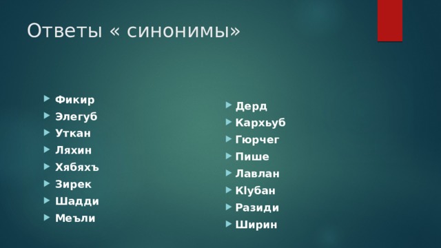 Ответы « синонимы» Фикир Элегуб Уткан Ляхин Хябяхъ Зирек Шадди Меъли Дерд Кархьуб Гюрчег Пише Лавлан Кlубан Разиди Ширин Дерд Кархьуб Гюрчег Пише Лавлан Кlубан Разиди Ширин 