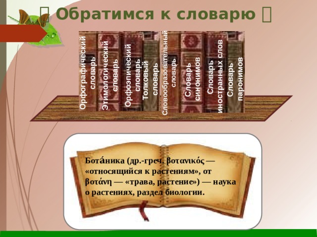  Обратимся к словарю  Орфографический словарь Этимологический словарь Орфоэпический словарь Толковый  словарь Словообразовательныйсловарь Словарь Словарь синонимов Словарь иностранных слов паронимов Бота́ника (др.-греч. βοτανικός — «относящийся к растениям», от βοτάνη — «трава, растение») — наука о растениях, раздел биологии. 