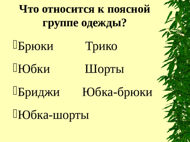 Что относится к поясной группе одежды? Брюки  Трико Юбки  Шорты Бриджи  Юбка-брюки Юбка-шорты 