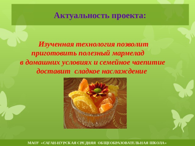 Актуальность проекта:    Изученная технология позволит приготовить полезный мармелад  в домашних условиях и семейное чаепитие доставит сладкое наслаждение     МАОУ «САГАН-НУРСКАЯ СРЕДНЯЯ ОБЩЕОБРАЗОВАТЕЛЬНАЯ ШКОЛА»  