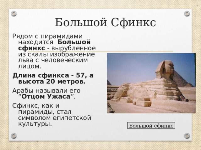 Большой Сфинкс Рядом с пирамидами находится Большой сфинкс - вырубленное из скалы изображение льва с человеческим лицом. Длина сфинкса - 57, а высота 20 метров.  Арабы называли его “ Отцом Ужаса ”. Сфинкс, как и пирамиды, стал символом египетской культуры.  Большой сфинкс 