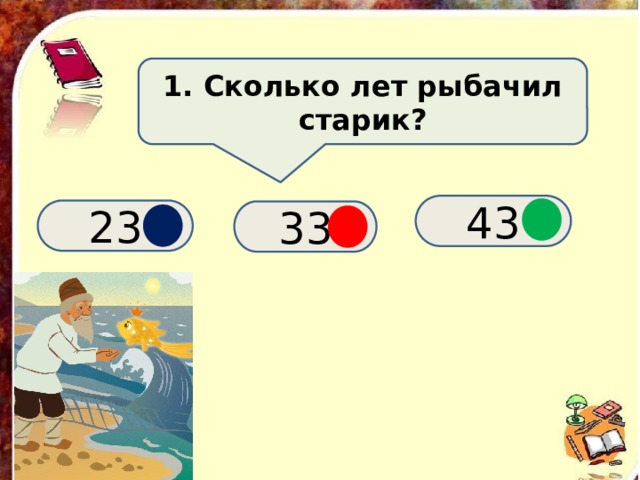 1. Сколько лет рыбачил старик? 43 23 33 
