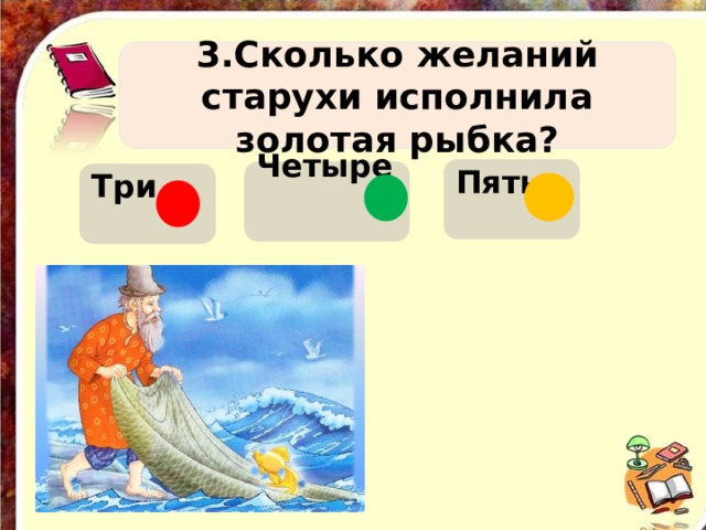 3.Сколько желаний старухи исполнила золотая рыбка? Пять  Четыре  Три  