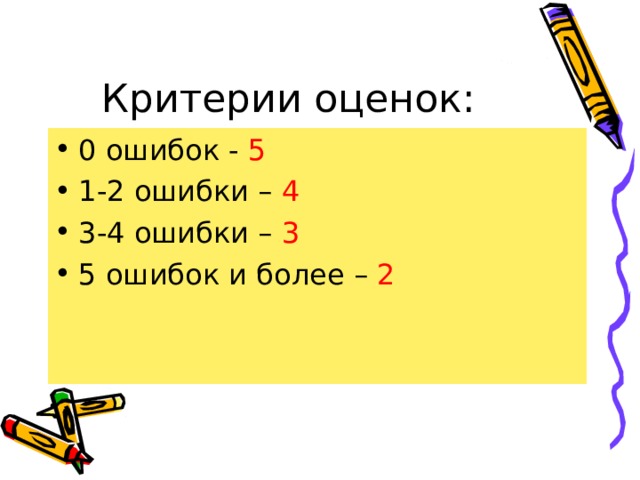 Критерии оценок: 0 ошибок - 5 1-2 ошибки – 4 3-4 ошибки – 3 5 ошибок и более – 2 