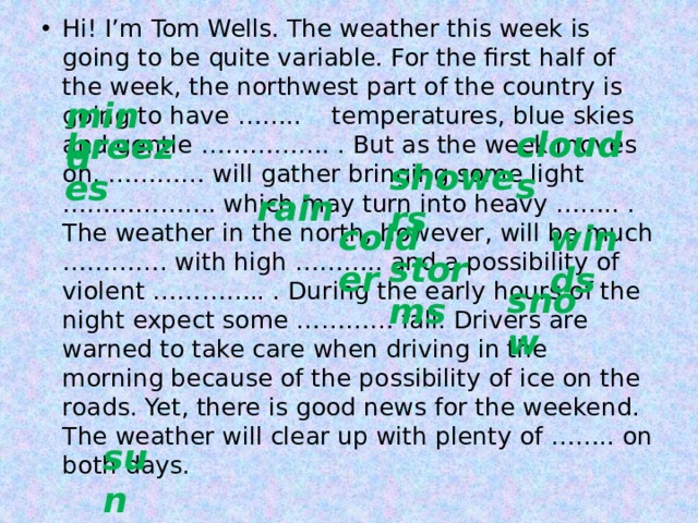 This weather. Hi i'm Tom wells the weather this week. Hi i'm Tom wells the weather this week is going to be quite variable. Weather and be going to. Weather is going to be.