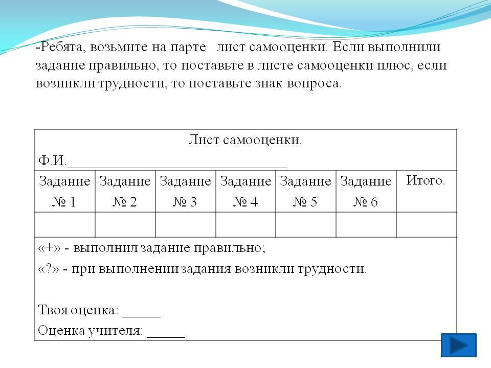 Лист самооценки ученика на уроке в начальной школе образец