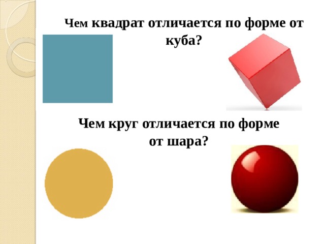 Чем квадрат отличается по форме от куба? Чем круг отличается по форме от шара? 