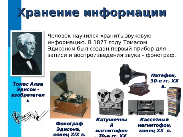 Хранение информации Человек научился хранить звуковую информацию. В 1877 году Томасом Эдисоном был создан первый прибор для записи и воспроизведения звука - фонограф. Патефон,  30-е гг. XX в.  Томас Алва Эдисон - изобретатель Катушечный магнитофон, 70-е гг. XX в. Кассетный магнитофон,  конец XX в. Фонограф Эдисона,  конец XIX в. 