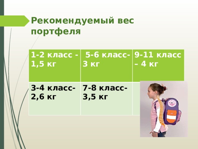 Рекомендуемый вес портфеля 1-2 класс - 1,5 кг  5-6 класс- 3 кг 3-4 класс- 2,6 кг 9-11 класс – 4 кг 7-8 класс- 3,5 кг 