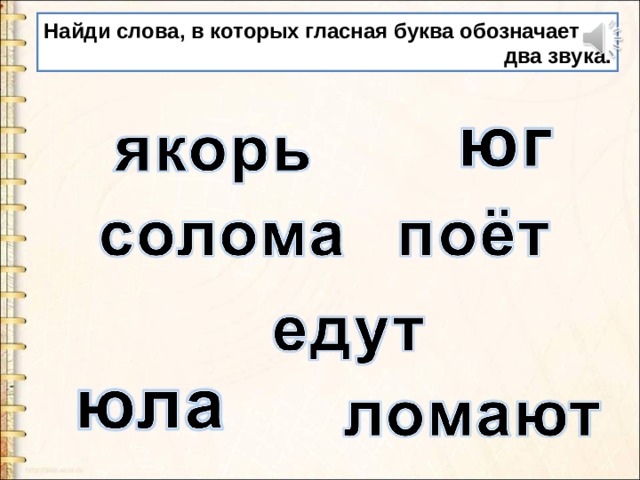 Подчеркни слова в которых есть гласные обозначающие два звука дождик на луже рисует картину