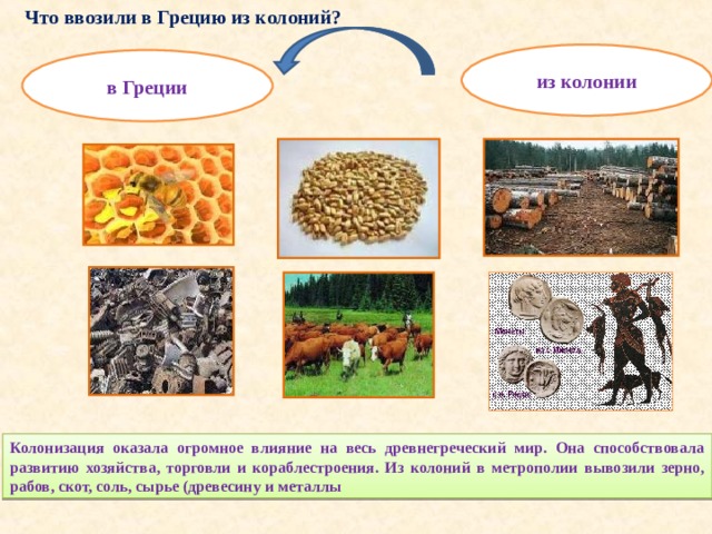 Что ввозили в Грецию из колоний? из колонии в Греции Колонизация оказала огромное влияние на весь древнегреческий мир. Она способствовала развитию хозяйства, торговли и кораблестроения. Из колоний в метрополии вывозили зерно, рабов, скот, соль, сырье (древесину и металлы