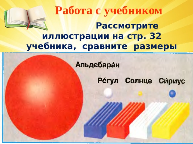  Работа с учебником  Рассмотрите иллюстрации на стр. 32 учебника, сравните размеры Солнца и других звёзд.  
