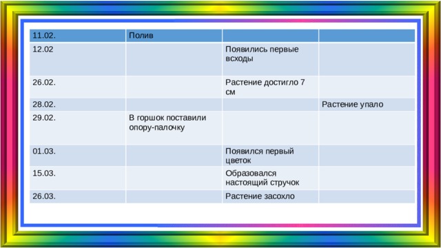 11.02. Полив 12.02 26.02. Появились первые всходы 28.02. Растение достигло 7 см 29.02. 01.03. В горшок поставили опору-палочку Растение упало 15.03. Появился первый цветок 26.03. Образовался настоящий стручок Растение засохло 