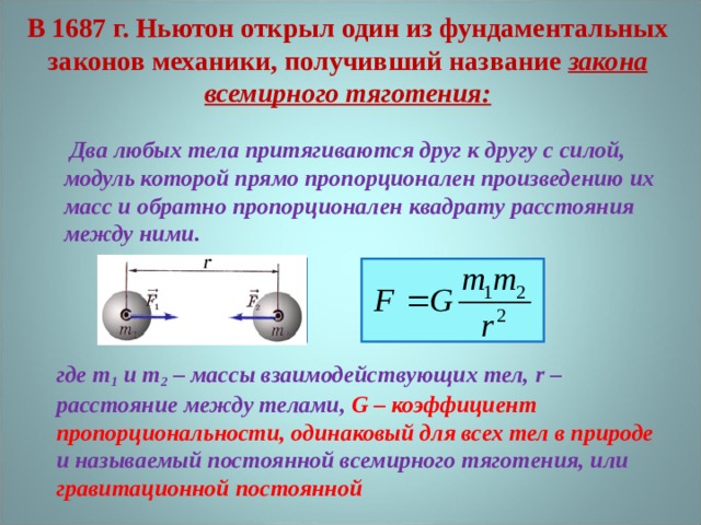В 1687 г. Ньютон открыл один из фундаментальных законов механики, получивший название закона всемирного тяготения:    Два любых тела притягиваются друг к другу с силой, модуль которой прямо пропорционален произведению их масс и обратно пропорционален квадрату расстояния между ними.   где m 1 и m 2 – массы взаимодействующих тел, r – расстояние между телами, G – коэффициент пропорциональности, одинаковый для всех тел в природе и называемый постоянной всемирного тяготения, или гравитационной постоянной  где m 1 и m 2 – массы взаимодействующих тел, r – расстояние между телами, G – коэффициент пропорциональности, одинаковый для всех тел в природе и называемый постоянной всемирного тяготения, или гравитационной постоянной 