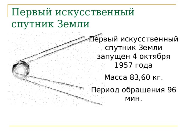 Первый искусственный спутник Земли Первый искусственный спутник Земли запущен 4 октября 1957 года Масса 83,60 кг. Период обращения 96 мин. 