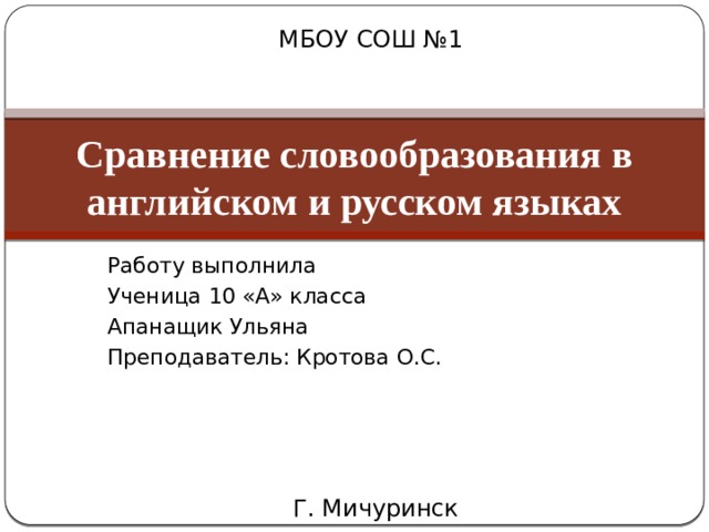 МБОУ СОШ №1  Сравнение словообразования в английском и русском языках Работу выполнила Ученица 10 «А» класса Апанащик Ульяна Преподаватель: Кротова О.С. Г. Мичуринск 