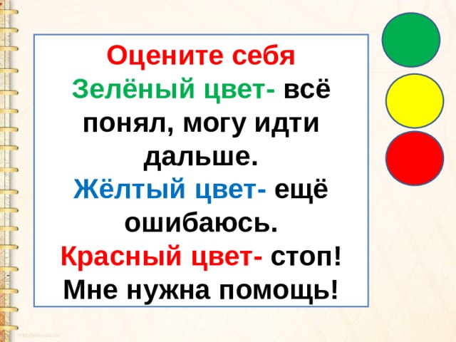 Оцените себя Зелёный цвет- всё понял, могу идти дальше. Жёлтый цвет- ещё ошибаюсь. Красный цвет- стоп! Мне нужна помощь! 