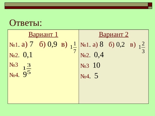 Ответы: Вариант 1 № 1 . а)  7 б) 0,9 в)  № 2 .  0,1 № 3  № 4 .  9 Вариант 2 № 1 . а)  8  б) 0,2 в)  № 2 .  0,4 № 3  10 № 4 . 5 