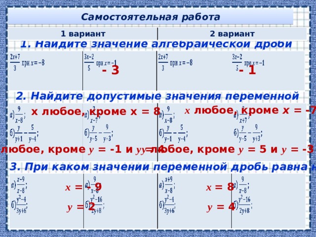 Самостоятельная работа 1 вариант 2 вариант 1. Найдите значение алгебраической дроби - 1 - 3 2. Найдите допустимые значения переменной х любое, кроме х = -7 х любое, кроме х = 8 у любое, кроме у = -1 и у = 4 у любое, кроме у = 5 и у = -3 3. При каком значении переменной дробь равна нулю? х = 8 х = - 9 у = 2 у = 4