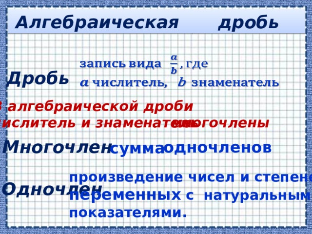 дробь Алгебраическая   Дробь В алгебраической дроби числитель и знаменатель многочлены Многочлен одночленов сумма произведение чисел и степеней переменных с  натуральными показателями.  Одночлен