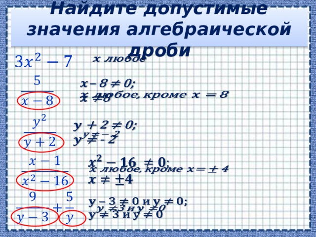 Найдите допустимые значения алгебраической дроби                            