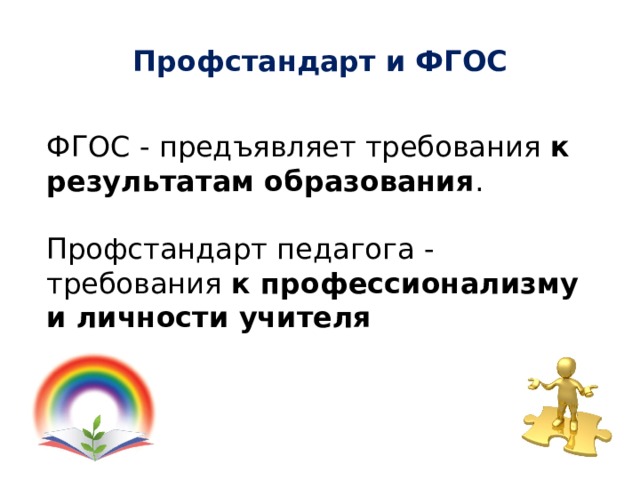 Профстандарт и ФГОС ФГОС - предъявляет требования к результатам образования . Профстандарт педагога - требования к профессионализму и личности учителя 