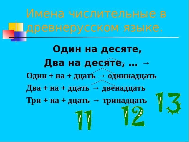 11 2 значение. Имя числительное в древнерусском языке. Имена числительные в древнерусском языке. Числительные второго десятка в русском. Имена числительные в математике.