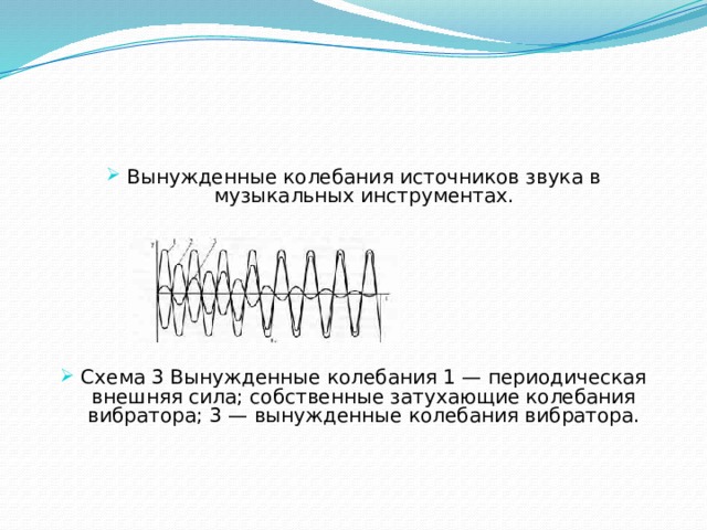 Вынужденные колебания источников звука в музыкальных инструментах. Схема 3 Вынужденные колебания 1 — периодическая внешняя сила; собственные затухающие колебания вибратора; 3 — вынужденные колебания вибратора.