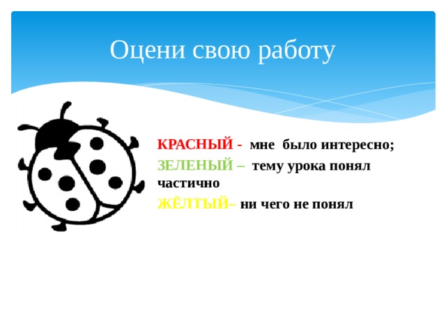 Оцени свою работу КРАСНЫЙ - мне было интересно; ЗЕЛЕНЫЙ – тему урока понял частично ЖЁЛТЫЙ– ни чего не понял 