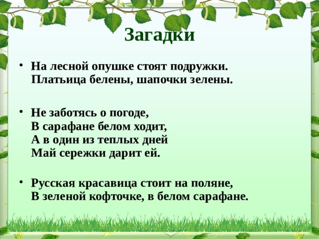 Загадки На лесной опушке стоят подружки.  Платьица белены, шапочки зелены.  Не заботясь о погоде,  В сарафане белом ходит,  А в один из теплых дней  Май сережки дарит ей.   Русская красавица стоит на поляне,  В зеленой кофточке, в белом сарафане.  