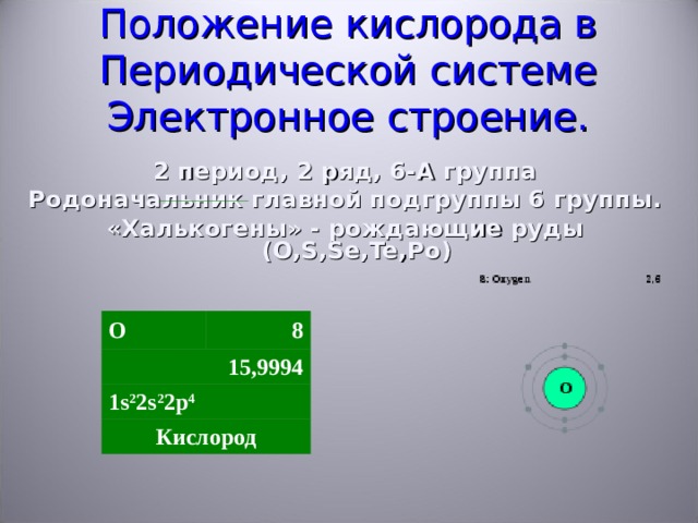 Положение кислорода в Периодической системе  Электронное строение. 2 период, 2 ряд, 6-А группа Родоначальник главной подгруппы 6 группы. «Халькогены» - рождающие руды ( O,S,Se,Te,Po) O 15,9994 8 1 s 2 2s 2 2p 4 Кислород 