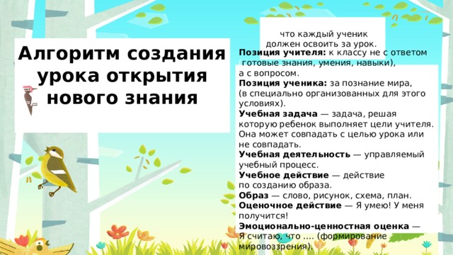  что каждый ученик должен освоить за урок. Алгоритм создания урока открытия нового знания   Позиция учителя:  к классу не с ответом ( готовые знания, умения, навыки), а с вопросом. Позиция ученика:  за познание мира, (в специально организованных для этого условиях). Учебная задача  — задача, решая которую ребенок выполняет цели учителя. Она может совпадать с целью урока или не совпадать. Учебная деятельность  — управляемый учебный процесс. Учебное действие  — действие по созданию образа. Образ  — слово, рисунок, схема, план. Оценочное действие  — Я умею! У меня получится! Эмоционально-ценностная оценка  — Я считаю, что …. (формирование мировоззрения). 