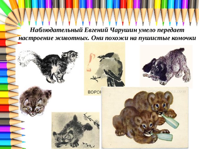 Наблюдательный Евгений Чарушин умело передает настроение животных. Они похожи на пушистые комочки   